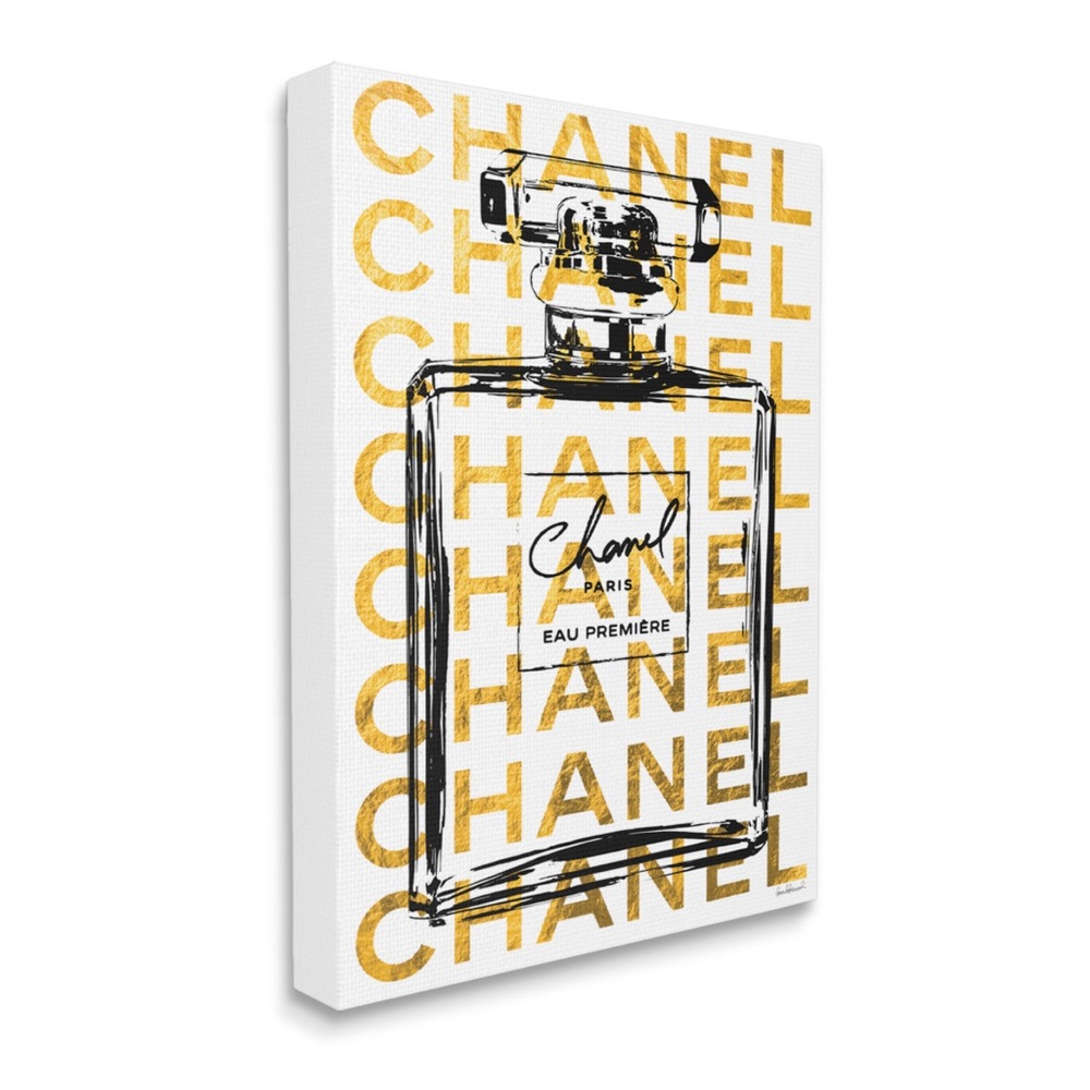 NEW Illustration Chanel perfume Bottle Gold Metallic Canvas Wall Hanging 16x20